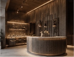 Hotel Benedikt — recepce v teplých přírodních odstínech