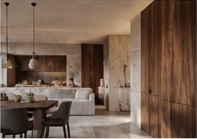 Private Residence — interiér s kuchyní a ořechovou dýhou